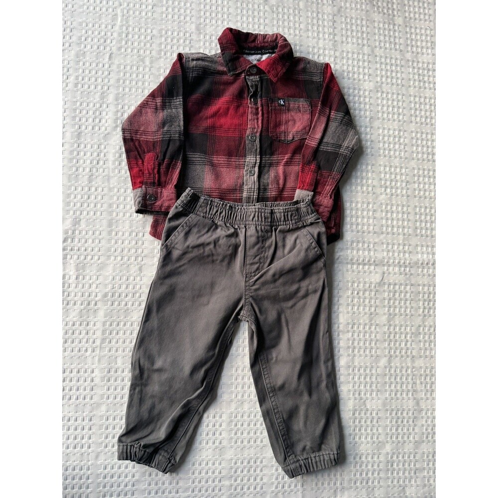 Calvin Klein Baby Boy Set Size 18 Months - Checkered Shirt and Grey Jogger